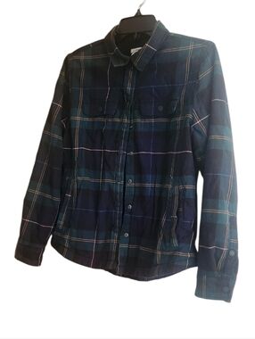 L.L.Bean Fleece Lined Flannel Navy and Green Plaid Shirt Jacket